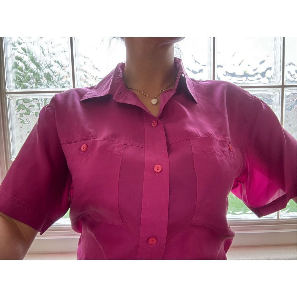 J & Meiling women’s vintage 90s 100% silk button up hot pink fuchsia short sleev